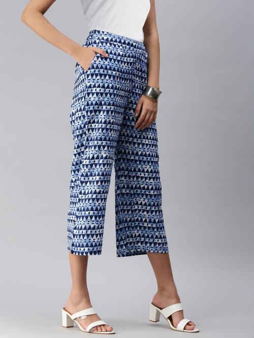 De Moza Women Blue Printed Viscose Rayon Regular Fit Trousers (3Xl)