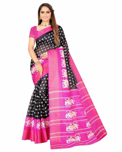 Saadhvi Women's Black and Pink Bhagalpuri Silk ikat Printed saree / saree for women / sarees / sarees latest / sari With Blouse