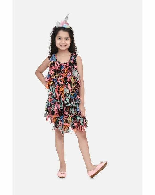 SyleStone Girls Chiffon Printed Ruffle Dress