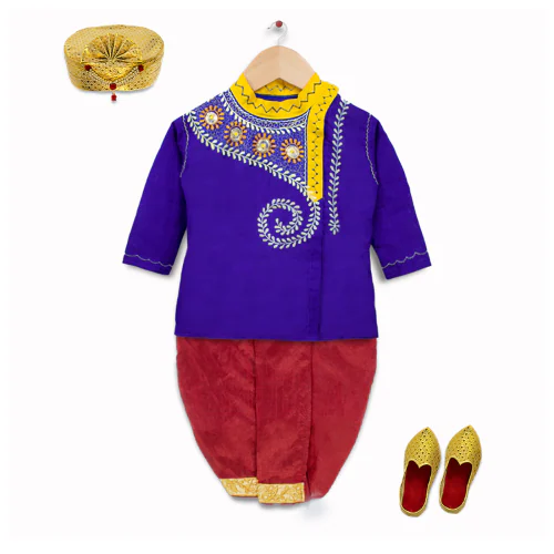 mustmom Elegant Ethnic Dhoti Kurta Set with Cap and Shoe Rice Ceremony Special Edition Blue