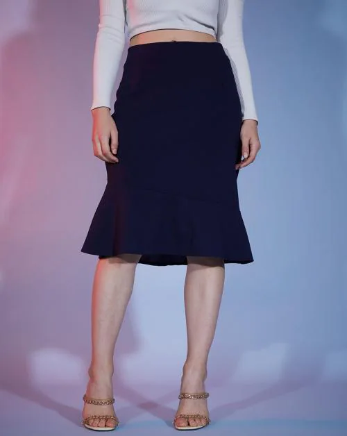 BuyNewTrend Navy Fish Cut Knee Length Women Straight Skirt
