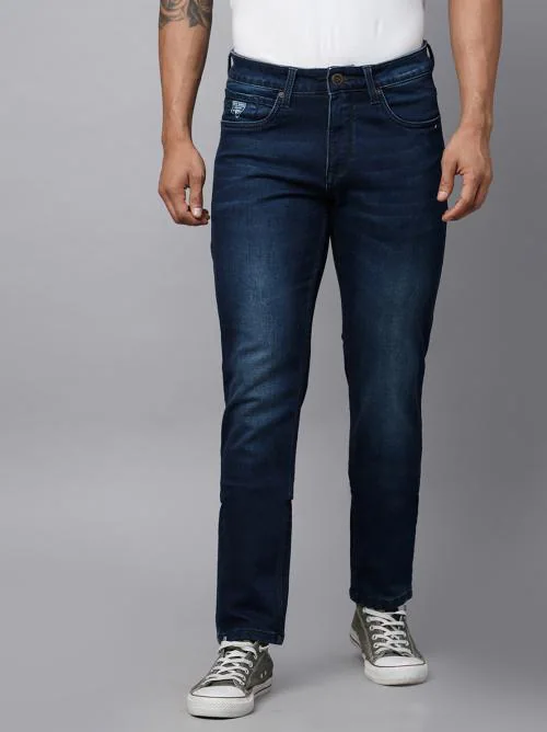 BLUE BUDDHA Men's Slim Fit Dark Blue Denim Jeans Stretchable 5 Pockets Clean Look Distressed-230110059