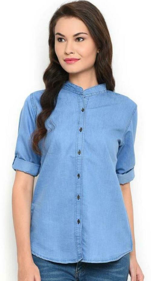 OOTPTAANG Women Blue Solid Denim Casual Shirt - S