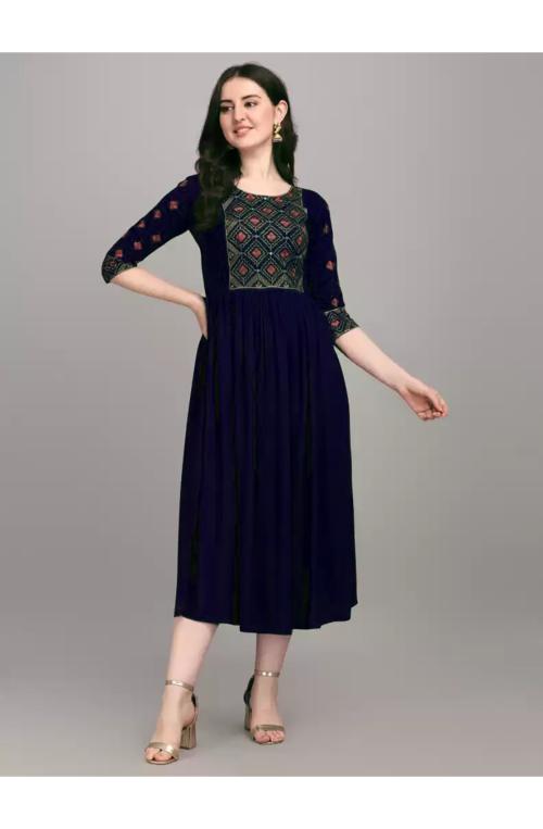 RA Creation Women Navy Blue Embroidered Viscose Rayon KurtaXL