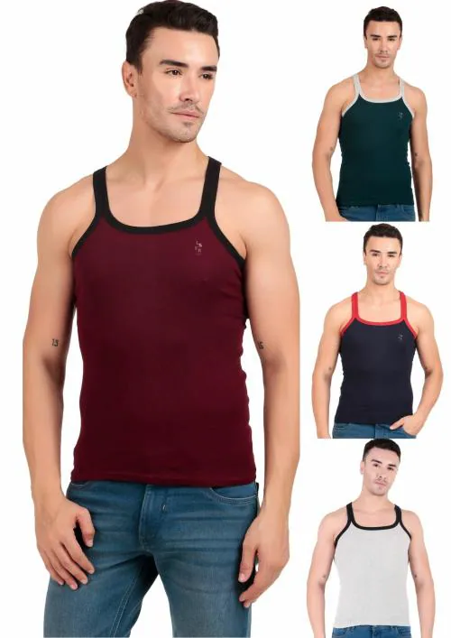 Inner Element Men's Combed Cotton Rib Square Neck Sleeveless Gym Vest Multicolor Pack of 4