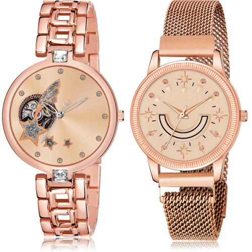 NEUTRON Brand New Branded Star Chain And Star Magnet Chain Rose Gold Colour Analog Metal Belt 2 Watch Combo For Women And Girls - G664-GW68