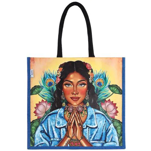 JUTIFY naturally stylish Eco-Friendly Printed Unisex Jute Shopping Bag, Women's Tote Bag , Spacious, Stylish, Sturdy Handbag ,For Daily and Office Use,pop shopper jute - namaste (42cm x 40cm x 15cm)