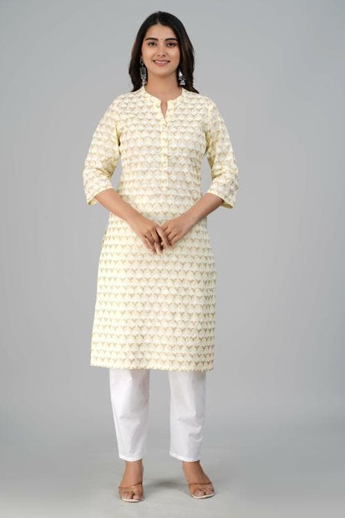 Indiwest Yellow Flower Printed Straight Cotton Kurta