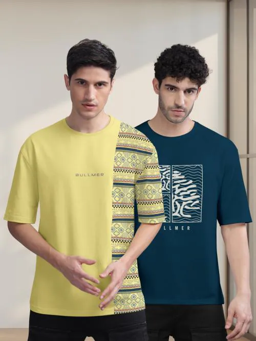 BULLMER Yellow , Petrol Blue Front and Back Printed / Colourblock Baggy / Oversized Tshirt for Men - Pack of 2
