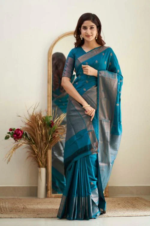 FABYARN Beautiful Light Blue Kanjivaram Cotton Silk Saree with Blouse Piece Woven Silk Blend Saree with Classic Kanjivaram Design for Women