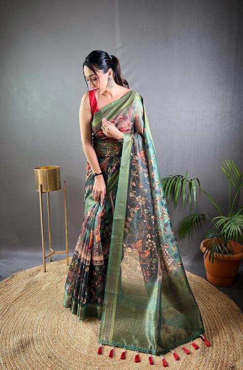 SATYAM COLLECTION SOFT KASHMIRI PASHMINA SILK WEAVING SAREE WITH KALAMKARI DIGITAL PRINT ALL OVER THE SAREE.