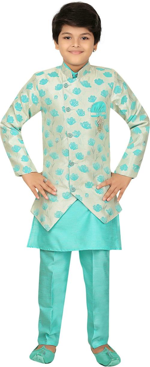 Ahhaaaa Boys Blue Full Sleeve Silk Blend Floral Print Kurta Waistcoat and Pyjama Set