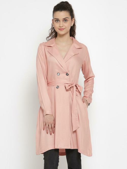 Style Quotient Women Pink Solid Double-Breasted Trench Coat