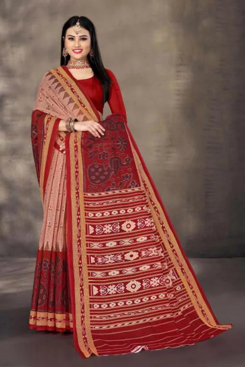 Tulsi Women Red Printed Cotton Blend Sambalpuri Saree
