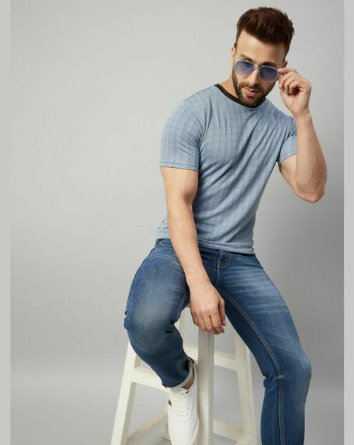 Grtistones Men Light Blue Round Neck Cotton Checked T-Shirt