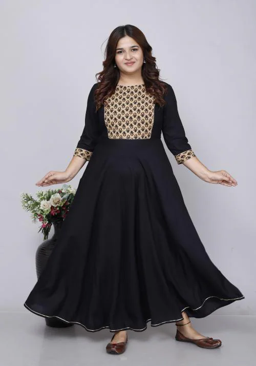 GORDHAN WOMEN REYON LONG BEIGE BLACK ANARKALI KURTI