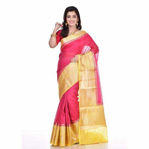 Naveera Womens Rani Pink Pure Linen Woven Banarasi Saree with Unstitched Blouse Piece
