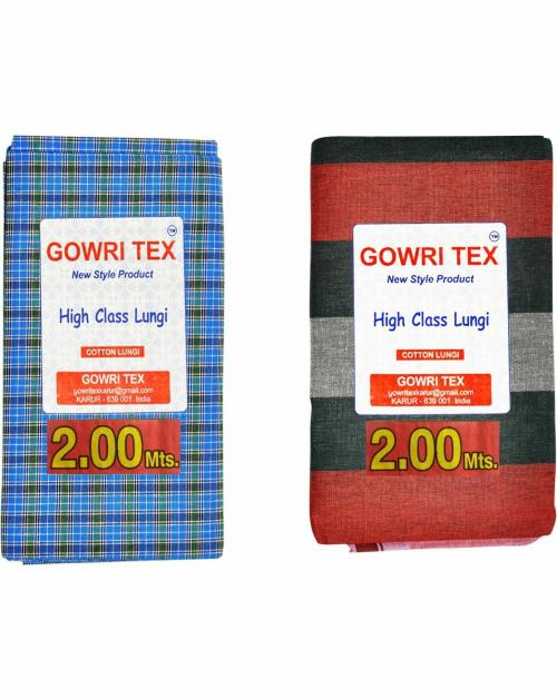 GOWRI TEX Men Red Checkered Cotton Blend Lungi - Free Size (Pack of 2)