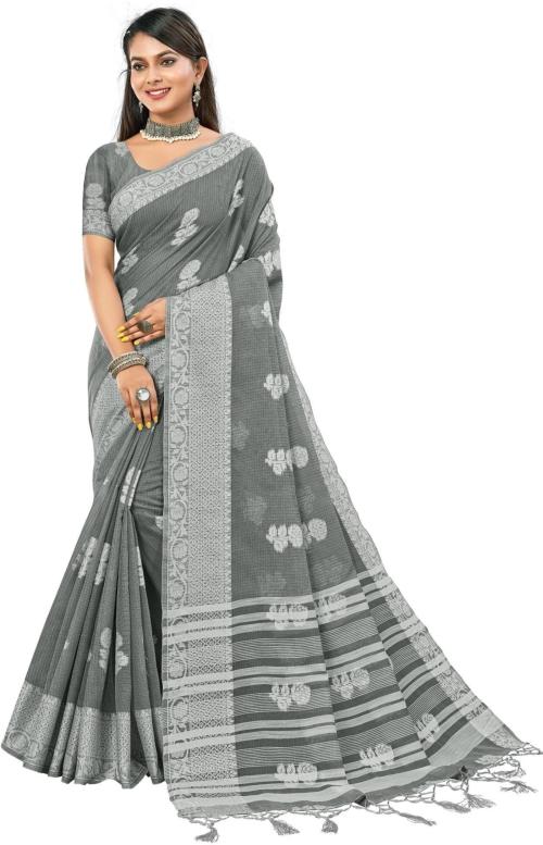 Ashika Women Grey Printed Pure Cotton Saree with Unstitched Blouse Piece