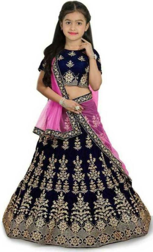 DIZVU Girls Blue Embroidered Satin Ghagra, Choli and Dupatta Set 9 - 10 Y