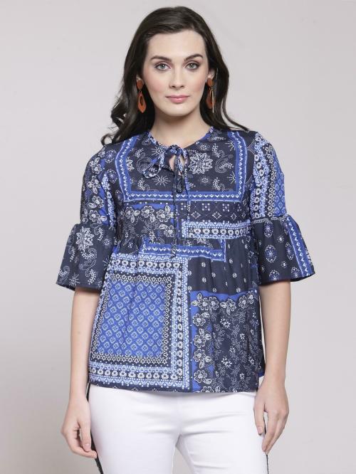Pluss Women Blue Printed Polyester Casual Regular Sleeve Top