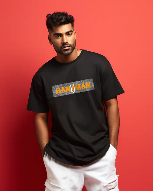 Prabhubhakti Men's Oversized Shree Hanuman Ji Printed Black T-Shirt |Drop Shoulder Pure Cotton Oversized Tshirt for Men-L