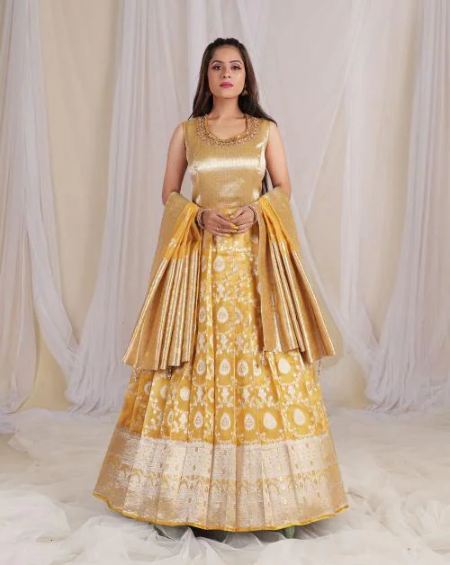 HALFSAREE STUDIO Yellow Banarasi silk Zari Woven Gown with Dupatta