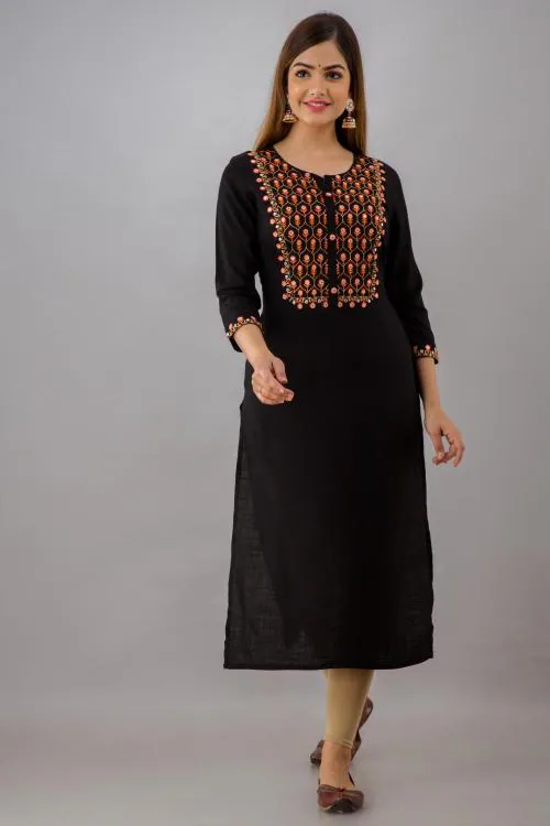 Fashion Depth Women Black Rayon Embroidered Straight Kurta