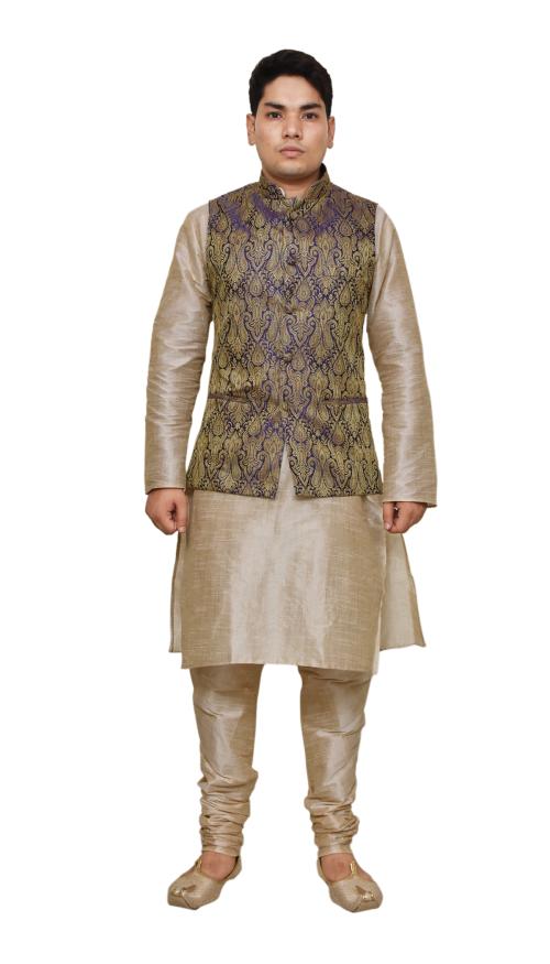 HFP Men's Double Tone Matching silk Kurta Churidhar With Purple Waistcoat
