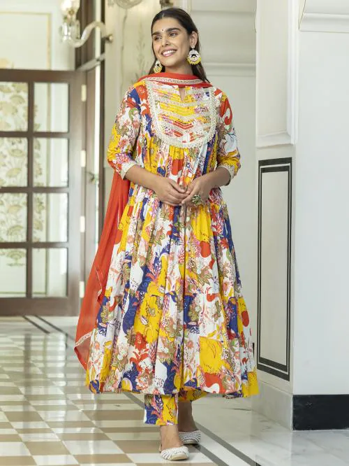 Janasya Women's Multicolor Cotton Embellished Floral Printed Kurta with Pant and Dupatta