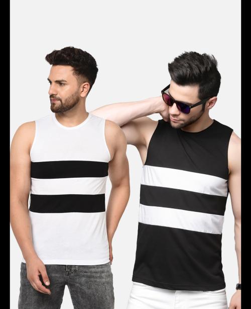 Rigo Men Combo of White and Black Striped Vest T-shirts