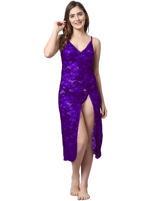 PIBU Net Lace Self-Design Nighty Babydoll Night Dress For Women Night Suit Purple Pack of 1