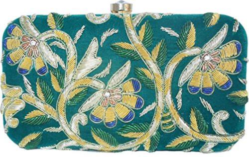 Tooba Handicraft Turquoise Velvet Women Designer Clutch Bag With Shoulder Strap