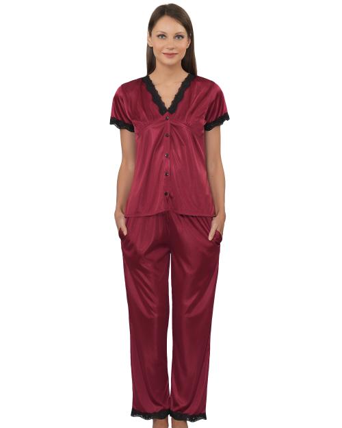 Legit Affair Maroon Solid Nighty 2 pc set sleeve top with bottom for women