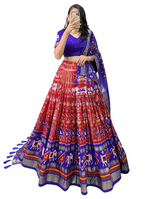Shikshapatri Women's Silk Lehenga and Choli with Blue Patola Print Traditional Lehenga Choli Woman ladies(Red)