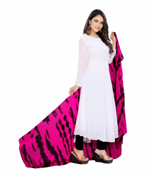Harrica Women's WhiteFull Sleeve Georgette Kurti with Leopard Print Dupatta