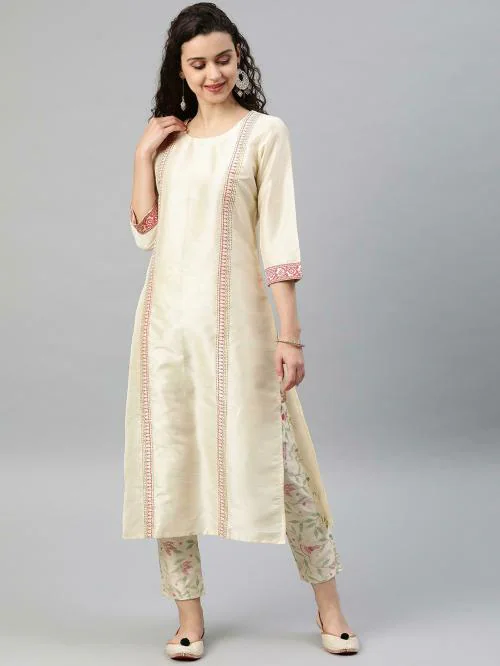 Ziyaa Women's Cream Printed Straight Kurti