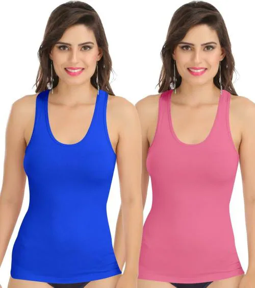 Sona Royal Blue, Hot Pink Solid Cotton Tank Top