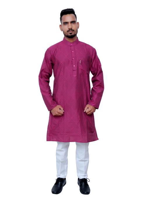 GOLD SPUN Men's Jacquard khadi Kurta and Pyjama set (Pink)Size-40