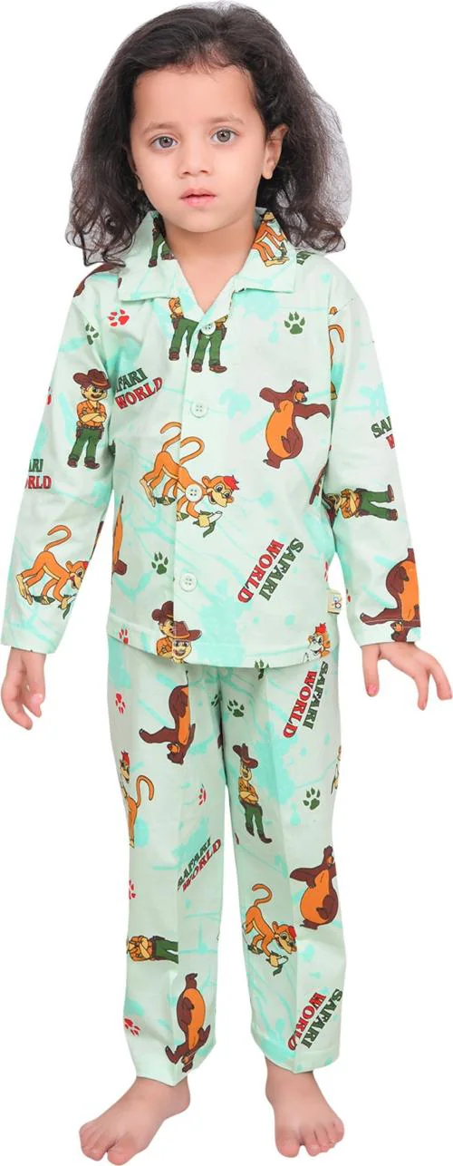 The Little Boy Graphic Printed Pure Cotton Full Sleeves Night Suit | Night Dress | Sleepwear | Sleepsuit | Loungewear Shirt & Pyjama Set For Kids Baby Boys & Girls _Light Green_3-6 M