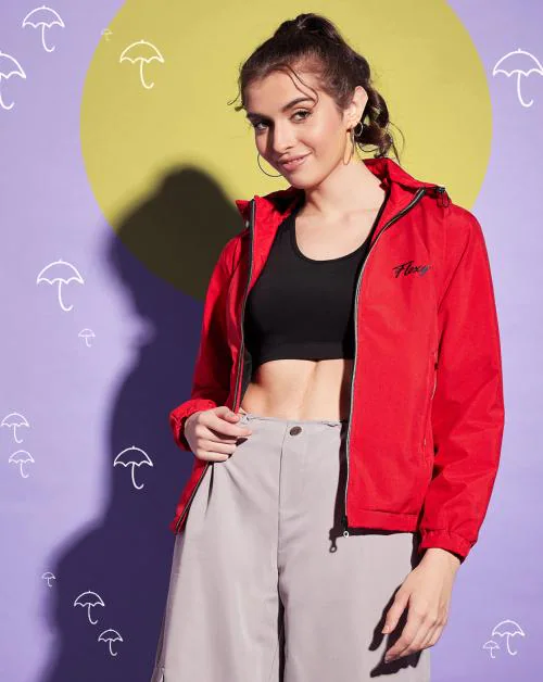 BuyNewTrend Red Waterproof Windcheater Jacket with Hoodie For Women