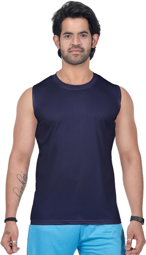 PRIME PLUS Navy Blue Solid Round Neck Sando Vest - M
