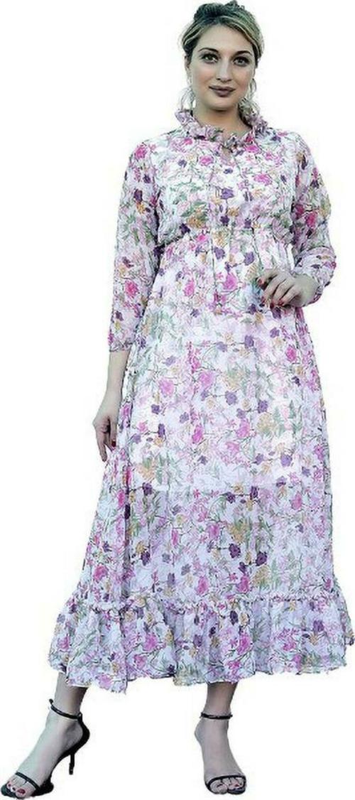 MISS AYSE Women Yellow Printed Georgette Kurti