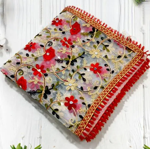 DHARMEE Women's Heavy Net Fancy Festival Phulkari White Dupatta For Women