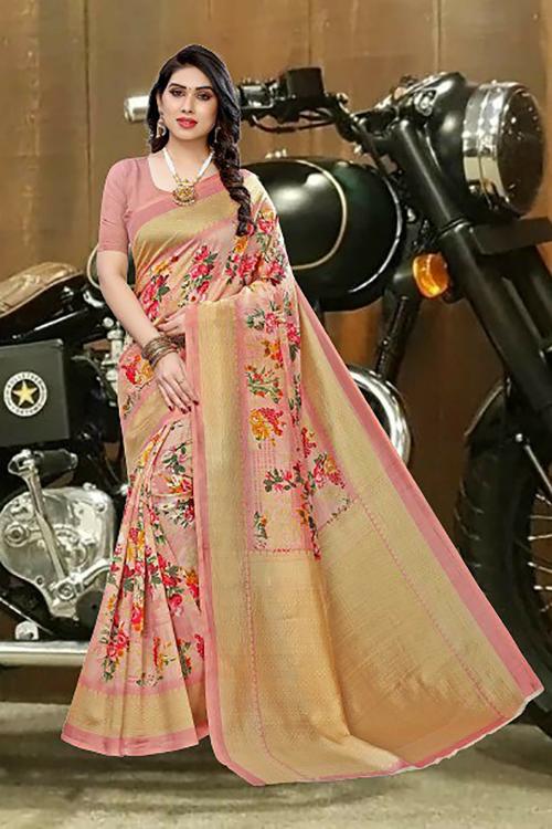 Gugaliya Women Funky Peach Printed Art Silk Saree