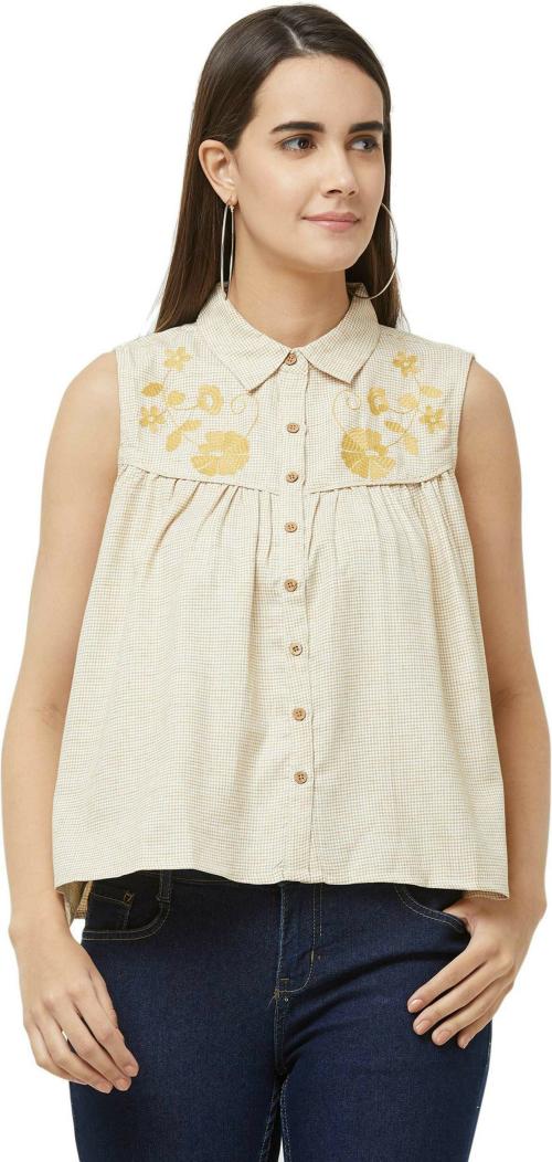 Fusion Beats Women Beige Embroidered Polyester Top