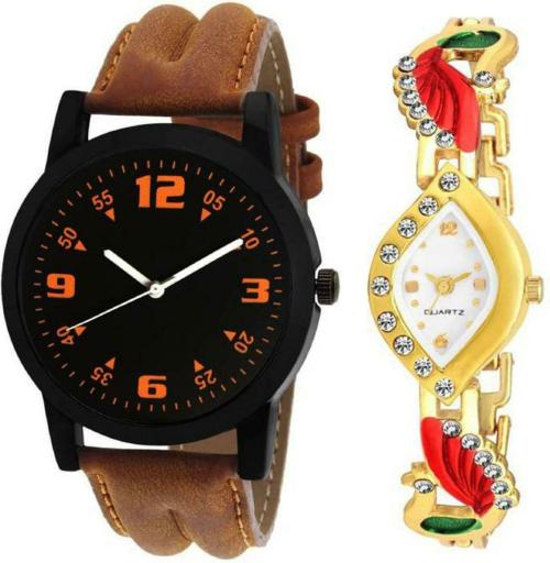 Splazos Analog Multicolor Dial Brown Strap Watches for Men and Women (pack of 2)