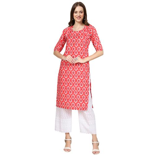 Ethnic Basket Women's Crepe Peach Color Block Printed Straight Kurti