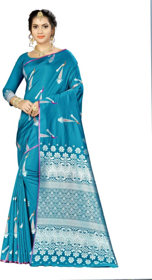 Sainoor Women Free Size Light Blue Embellished Art Silk Banarasi Saree