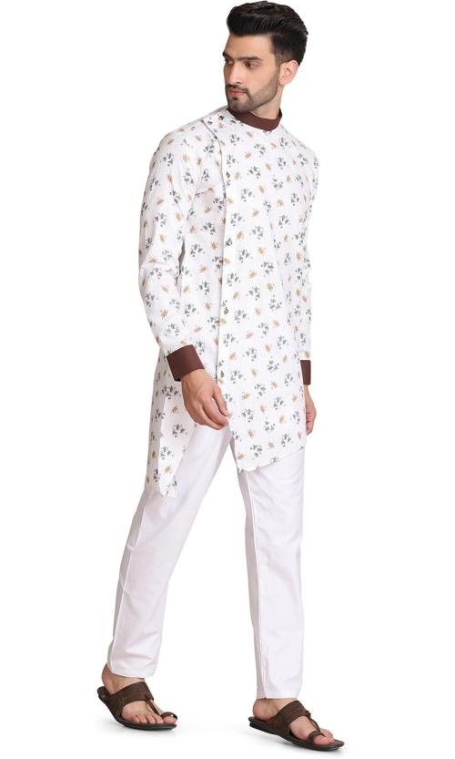 TAHVO Men White Printed Cotton Blend Kurta and Pyjama Set (XXL)